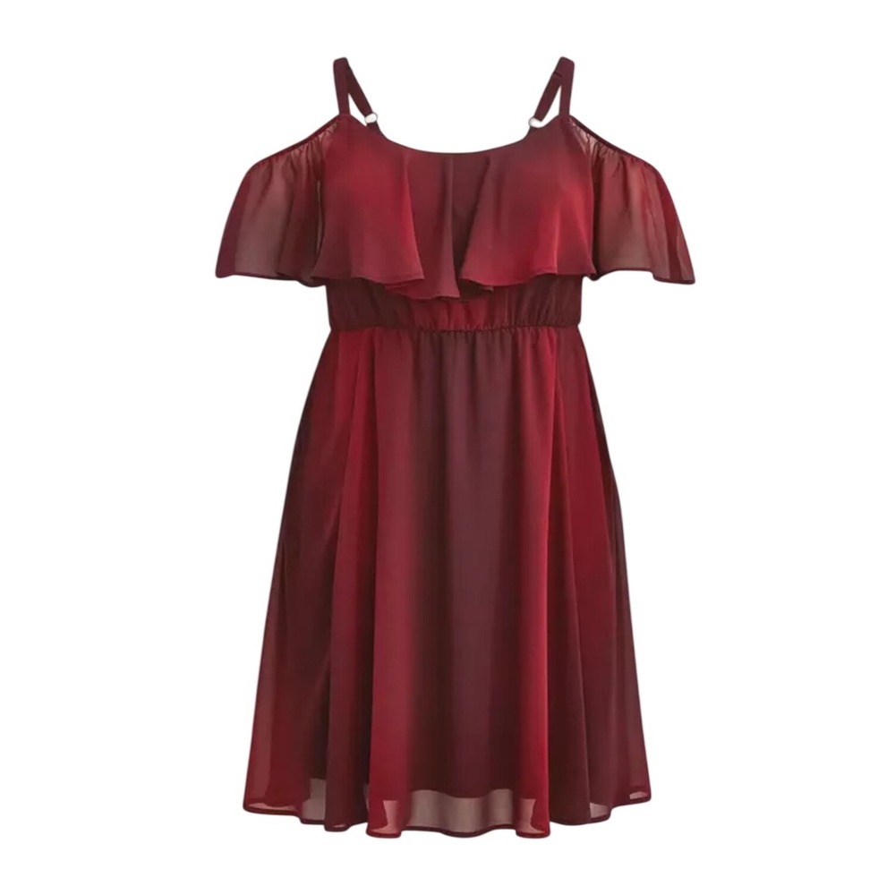 Torrid Cold Shoulder Ruffle Chiffon Dress Size 30 Burgundy Skater Plus